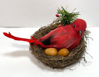 Vintage Red Feathered Cardinal Bird Nest Two Wood Eggs Christmas Ornament