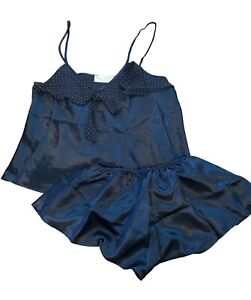 Vtg 90s 00s 2 Pc Black Silky Shorts & Top Nightie Lingerie Set S Val Mode