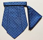 blue White Men Silk Cravat+POCKET SQUARE Scarf Ascot Tie PARTY-PRE STITCHED