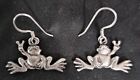 Vintage Detailed Sterling Silver Dangle Frog Giving Peace Sign Earrings