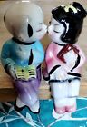 Kissing Japanese Girl and Boy Salt and Pepper Shakers Shelf Sitters Vintage