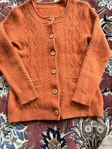 New 100% Cashmere Sweater Cardigan Orange XS 0-2 Petite “Rice King” Cable Knit