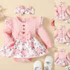Newborn Baby Girls Floral Ribbed Outfits Romper Dress Headband Set Party Clothes