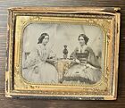 HALF PLATE Ambrotype Women At Tinted Table BOTH HOLDING PHOTOS PIP Rare