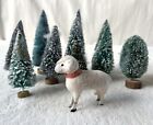 1 Antique Sheep + 9 Vintage Wire Bottle Brush Trees Christmas Wood Bases