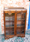 English Antique Oak Art Deco Glass Door Bookcase / Display Cabinet