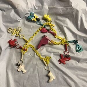 Vintage 80s Plastic Clip On Bell CHARM Necklace Mixed Charms