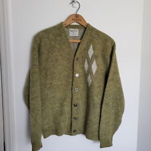Vintage 60s Mohair Cardigan Cobain Sweater Grunge Fuzzy Men's Small Green