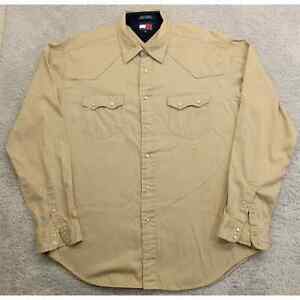 Tommy Hilfiger Shirt XL Men's Western Beige Pearl Snap Long Sleeve Cotton