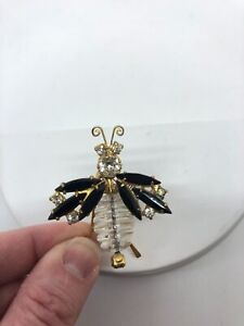 Vintage Schreiner black white gold tone Insect Pin Brooch trembler unsigned