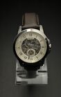Fossil Automatic ME-3052 Skeleton Silver Tone Brown Leather Band Mens Wristwatch