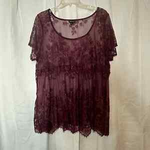 TORRID PULLOVER FLORAL LACE, SHEER BABYDOLL TOP, WINE/CRANBERRY, Size 1 (14/16)