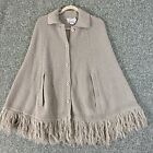 Rochelle Knits Poncho Womens One Size Vintage Beige Button Up Collar Fringe Boho