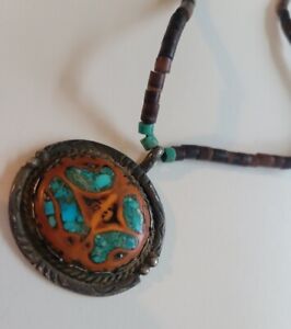 Old Pawn Antique Native Southwest Sterling Silver Turquoise Walnut Necklace