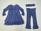 Naartjie Girls Blue Cotton Long Sleeve Dress Pants Headband 3Pc Set Size 4