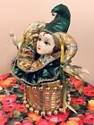 Green *vtg* Harlequin Jester Porcelain Doll in Pierrot Clown Musical Pop Up Box