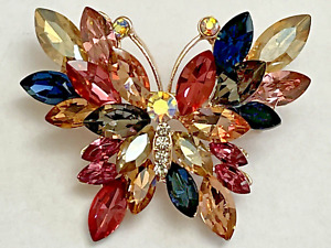 Butterfly Crystal Rhinestone Brooch Pin MultiColor Pink Glass Insect Vintage Bug
