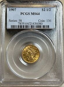 1907 PCGS MS64 $2.50 Gold Liberty Quarter Eagle - Near Gem!! Superb Luster!