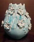 Beautiful Vintage Cherry Blossoms Turquoise Large Ceramic Vase 3-D w/Flowers