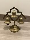 Vintage Set Of 3 Brass Bells On Brass Stand With Fine Details And Wood Gong