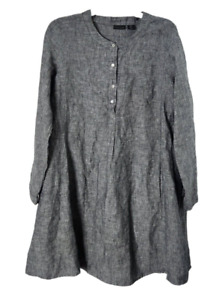 Tahari Womens L 100% Linen Dress Pockets Long Sleeve Relaxed Gray