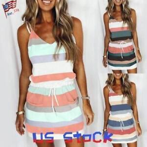 Women's Summer Sleeveless Mini Dress Ladies V Neck Striped Dresses Plus Size US