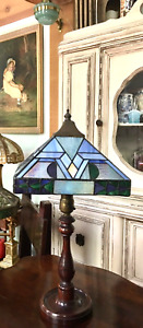 Arts & Crafts Style Wood Table Lamp w/ Geometric Slag Glass Shade