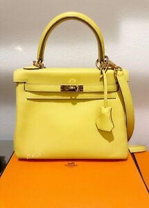 100% Authentic Hermes 25 Kelly Handbag Lime Swift Yellow Leather Gold Hardware