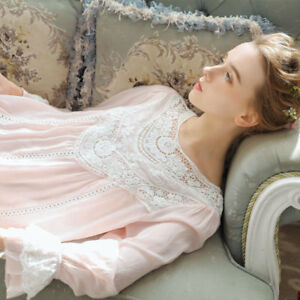 Womens Victorian Retro Nightdress Lolita Cotton Nightgown Sleepwear Guipure Lace