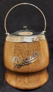 VINTAGE WOOD AND METAL BISCUIT BARREL [31]HEIGHT TO TOP OF HANDLE 28CMS