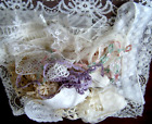 Antique lot of Antique fine mesh net trims bobbin laces and tiny flowers ribbons