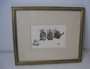 Vtg Thumbprint fingerprint Original owl artwork Drawing signed VERB. #1