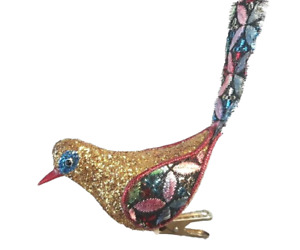 New ListingVTG Floral Brocade Bird Clip-on Christmas Ornament Glittery 5 Inch Boho