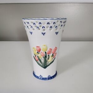 Contemporary Porcelain Tulip Vase Handcraft Delicate Embossed Delftware Holland