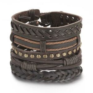 6pcs Mens Punk Leather Wrap Braided Bracelet Wristband Bangle Cuff Jewelry Gift