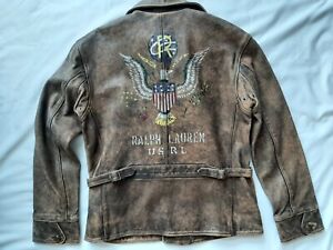Ralph Lauren Leather Jacket. New, Rare, Eagle print, Military RRL Moto. Size: Sm
