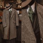 Herringbone Wool Blend Coat Men Long Overcoat Double Breasted Winter Business
