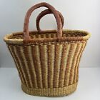 Vintage Wicker Woven Market Tote Bag Large Leather Handles 11x16x10