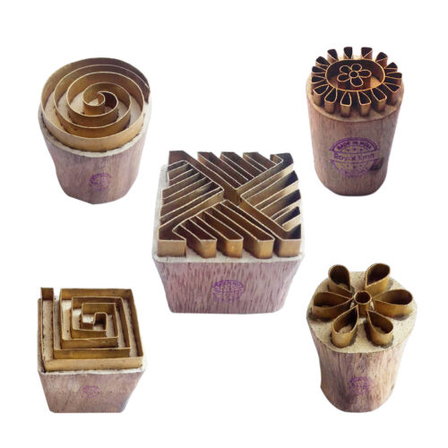 Square Brass Wooden Printing Stamps - DIY Clay, Pottery Blocks (Set of 5)