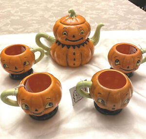 JOHANNA PARKER DESIGN Halloween Jack-O-Lantern Pumpkin Teapot & 4 Tea Cups New