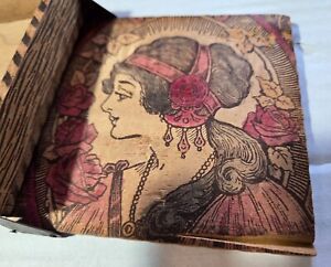Vintage Old Pyrography Wood Dresser Box With Woman's Face