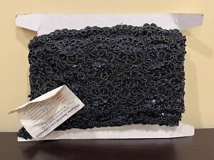 5” Wide Double Scalloped Navy Blue Lace Trim Vtg Floral Beaded Sequins 6 yards