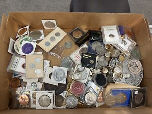 Vintage Junk Drawer Lot Coins Tokens Medals Watches Etc