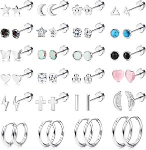 24 Pairs Flat Back Stud Earrings for Women Men Stainless Steel Silver/Gold Plate