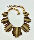 Vintage Necklace Wood & Gold Tone Metal Statement MCM Chunky Aztec Style 16”