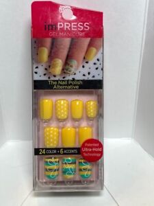 Impress Gel Manicure Press on Nails Short yellow dots, with stripe floral accent