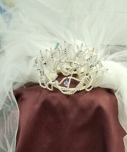 Vintage Wedding/First Communion White VEIL with Crown Headpiece