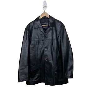 Black Leather Jacket Long Coat Linea Men’s Large Button Up Real Smooth