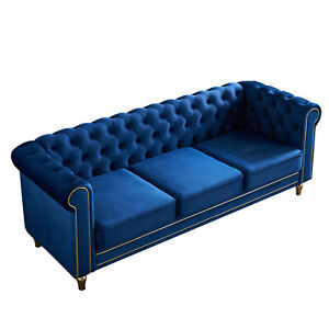 3 Seater Chesterfield Button Tufted Velvet Sofa Couch with Rolled Arm Metal Legs