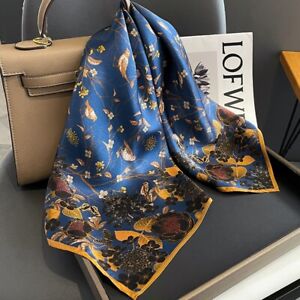 100% Silk Scarf Women Vintage Blue Leaves Kerchief Square Bandana Wrap 68*68cm
